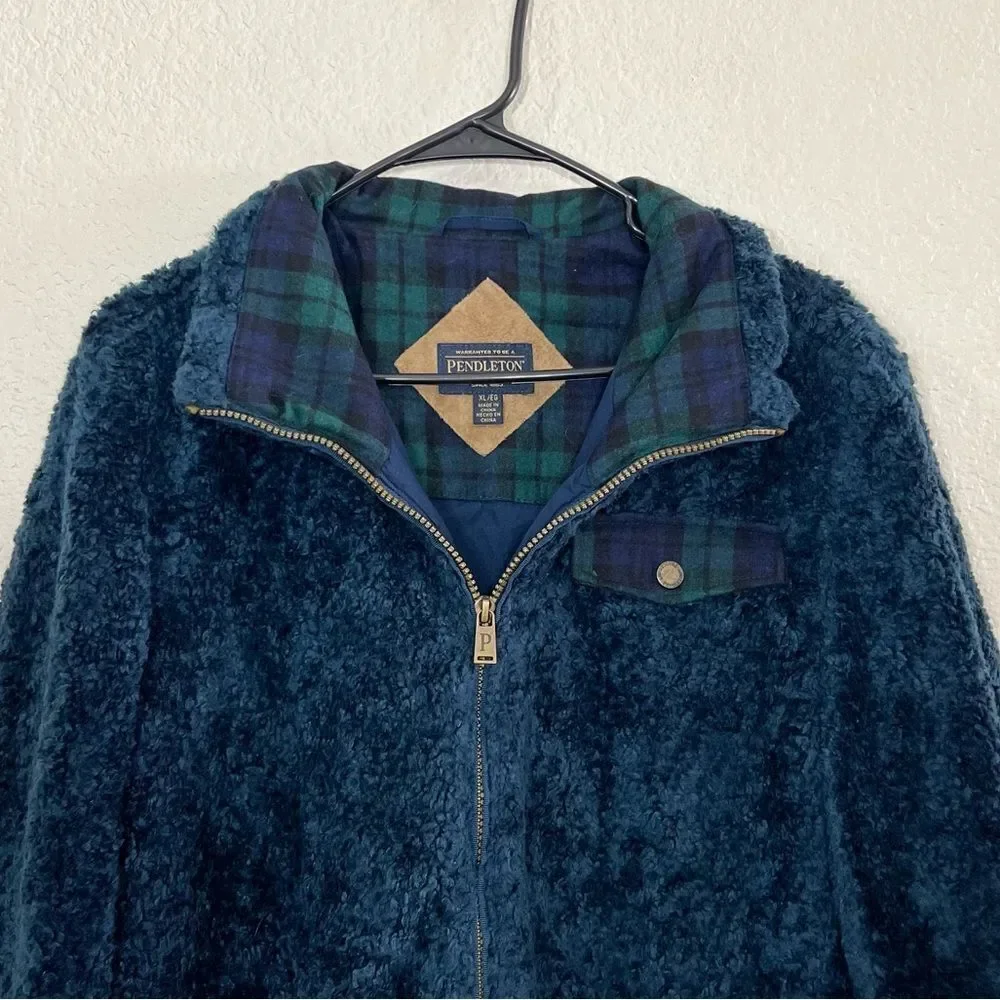 PENDLETON Coat Navy Blue Full Zip Teddy Jacket Wool Plaid Flannel Accents XL